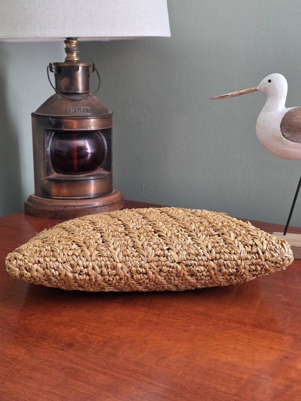 AERIN Allegra Raffia Pouch Tan Woven Chevron Clutch Bag - Picture 8 of 15